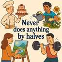 never does anything by halves